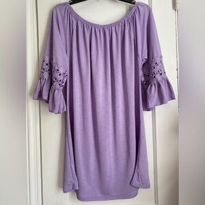 Win Win Ruffle Bell Crochet Sleeves Off the Shoulder Tunic, Sz: L/ XL